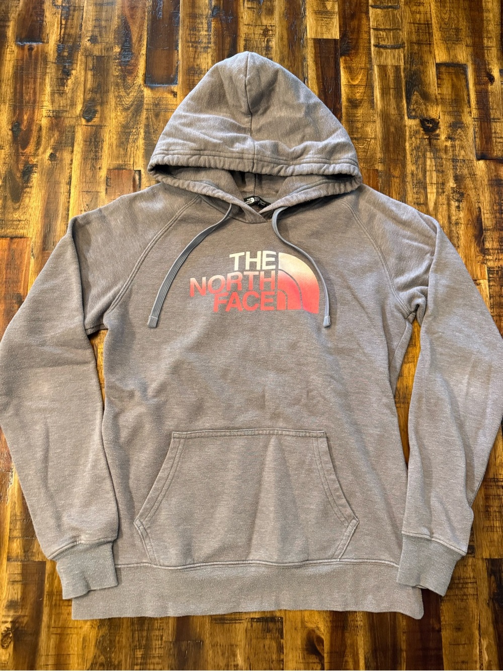 Women's Small North Face light gray hoodie sweatshirt. red/white logo gorpcore